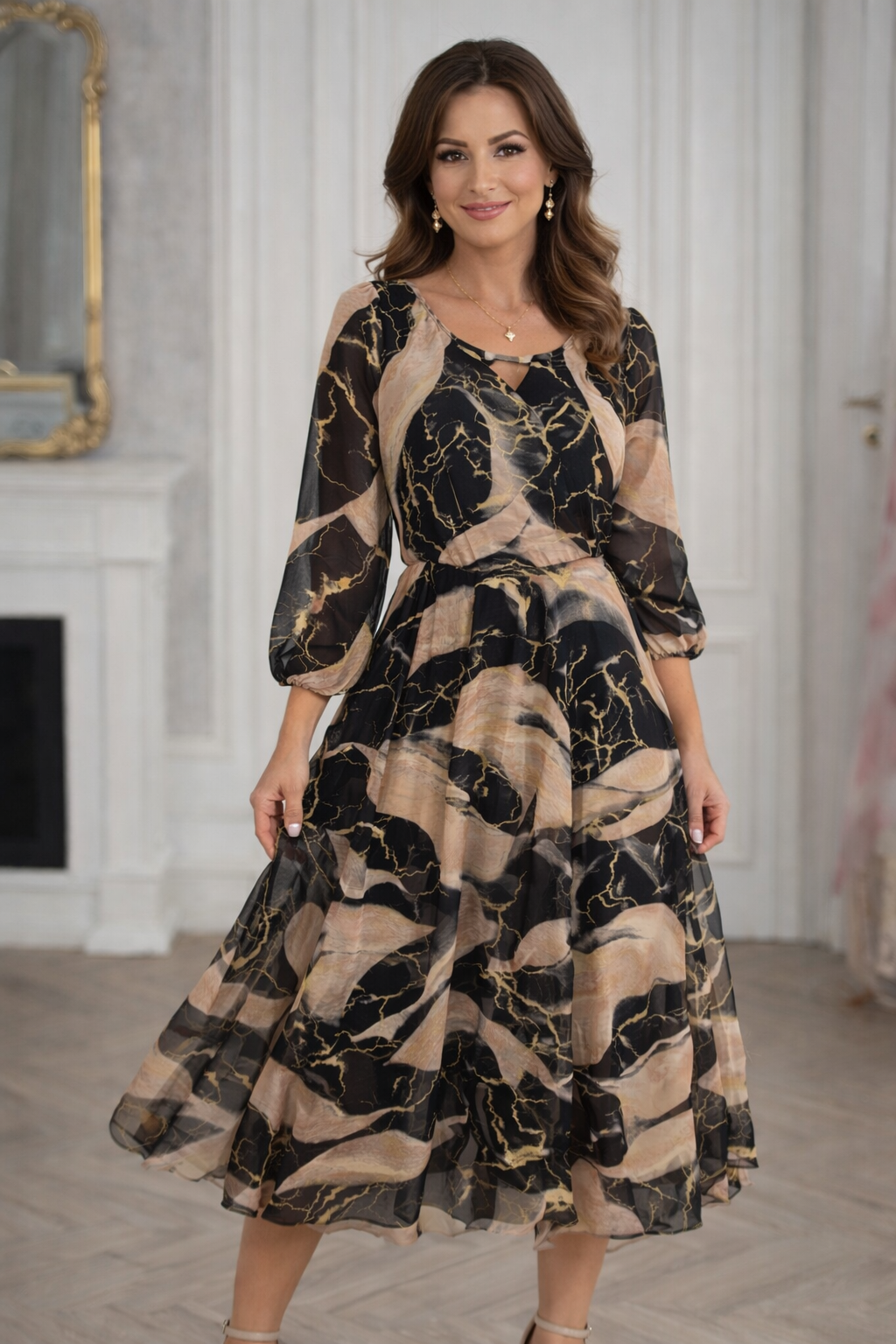 Rosa - Elegancka szyfonowa sukienka z nadrukiem